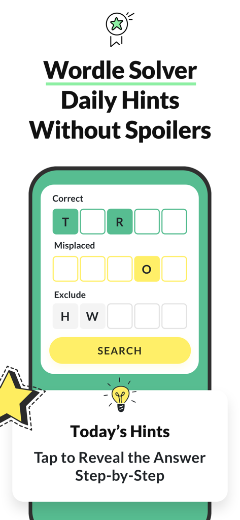 Wordle solver interface in the Wordfinder app showing letter input fields for correct, misplaced, and excluded letters.