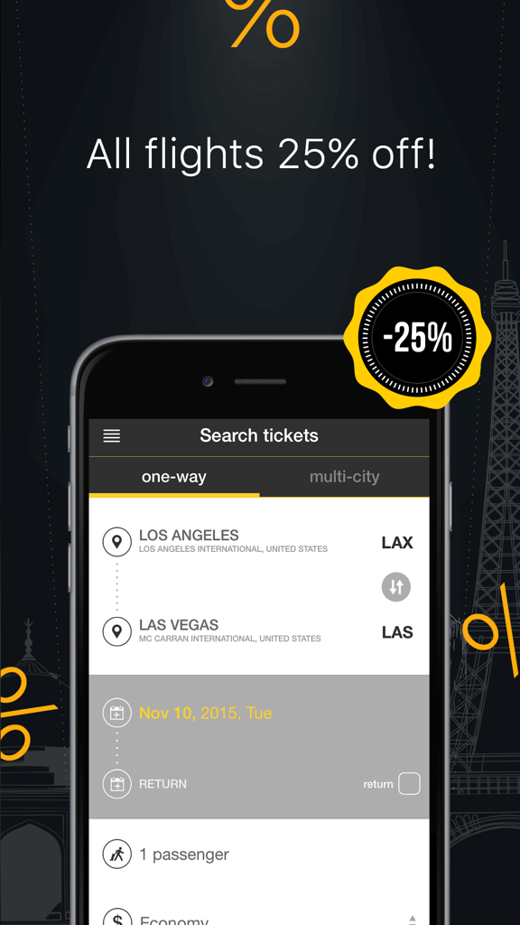 A mobile app interface for searching flights from Los Angeles to Las Vegas with a twenty five percent discount offer