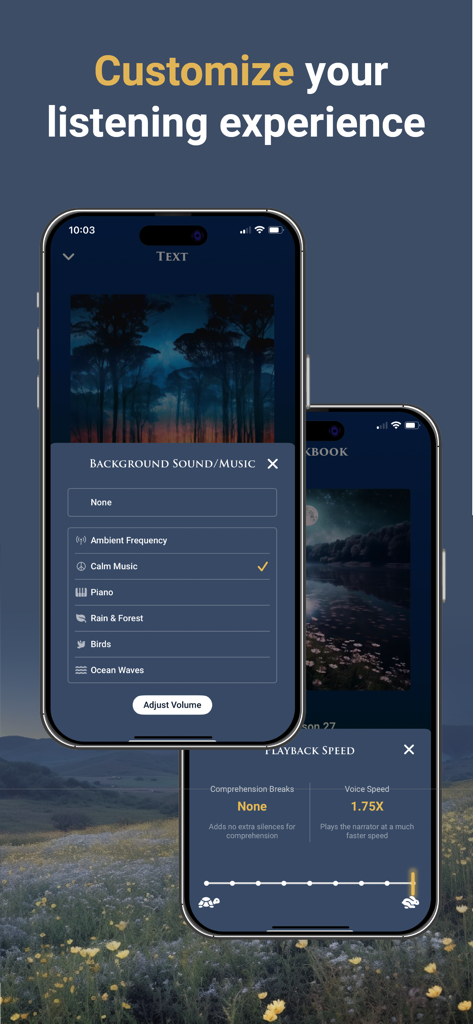 A Course in Miracles Audio - Interface showing customization options for background music and playback speed in the ACIM Audio app