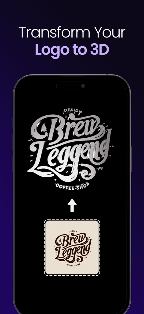 AI Logo Maker - Logi - A mobile app interface demonstrating the transformation of a flat coffee shop logo into a metallic 3D version