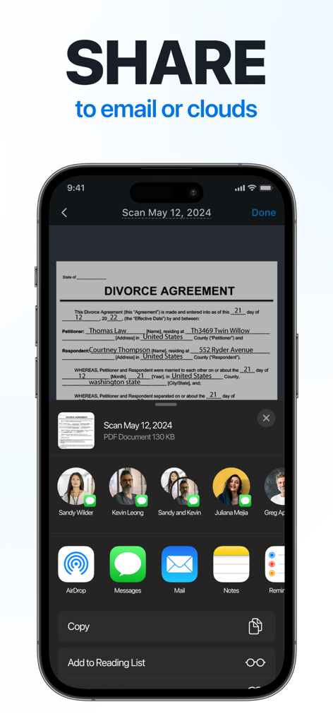 スキャンしたPDFドキュメントをメールや他のアプリで共有するオプションを表示した携帯電話の画面