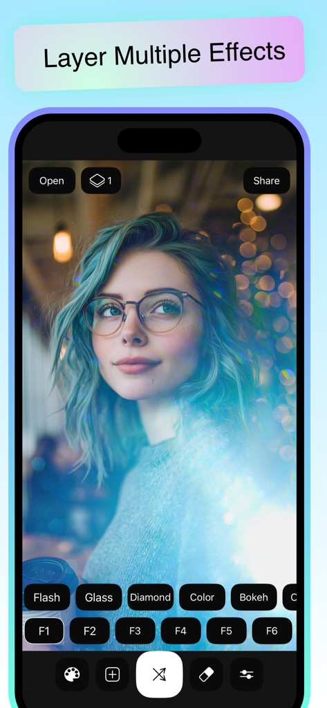 Captura de pantalla de un smartphone que muestra la interfaz de la aplicación Lights con un retrato editado con efectos de luz y filtros superpuestos.