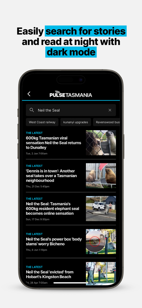 Pulse Tasmania app interface showing search results for Neil the Seal in dark mode