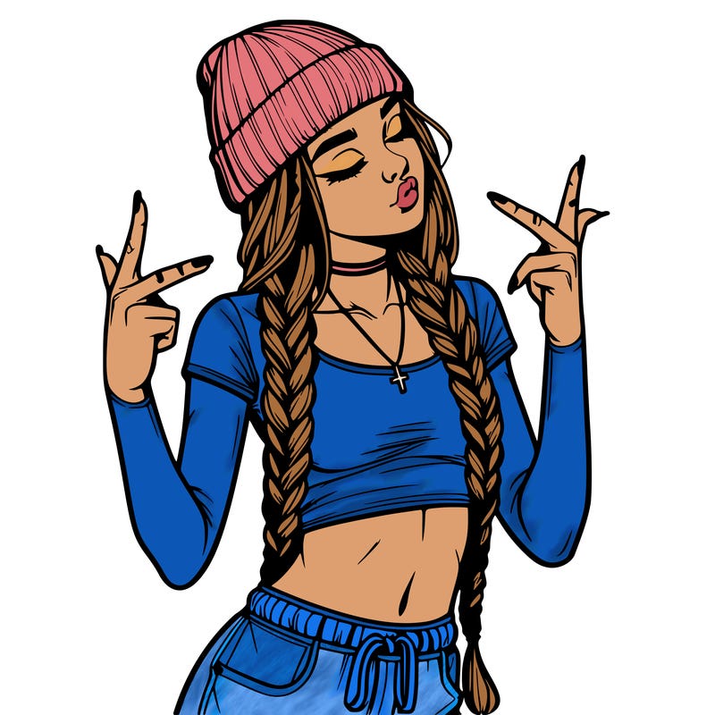 realistic teenage girl with braids and a beanie and crop top doing 🫶🏼