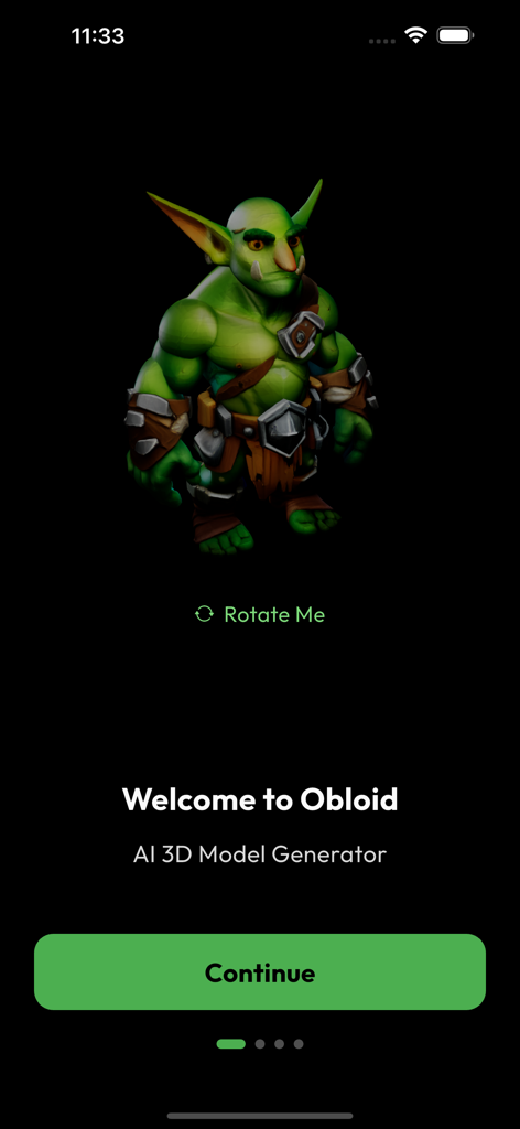 AI 3D Model Generator - Obloid - Welcome screen of Obloid AI 3D Model Generator app featuring a 3D green goblin character