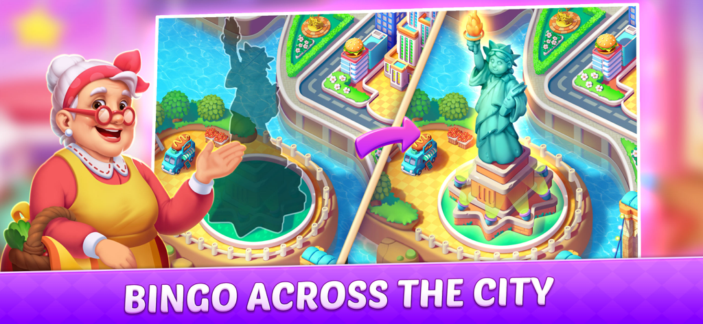 Un simpatico personaggio nonna che presenta la funzionalità Bingo Around the City con una vista di New York e della Statua della Libertà.