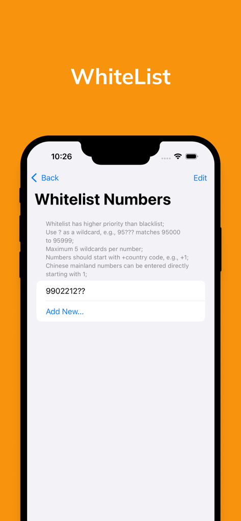 Interface do aplicativo Bloqueador de Chamadas mostrando a tela de gerenciamento de Números da Lista de Permissões.
