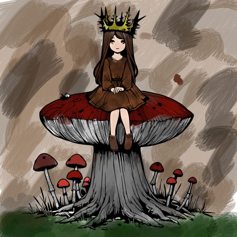 realistic girl sitting on a huge tree stump size toadstool with thorn crown