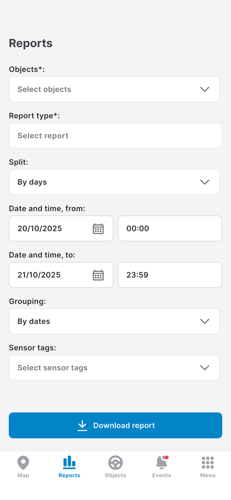 PILOT GPS - Configuration screen for generating GPS tracking reports in the PILOT GPS app