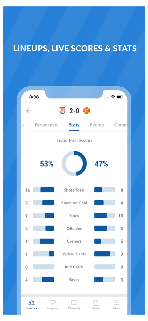 Live Soccer TV: Scores & Stats - Live Soccer TVアプリのインターフェース。ポゼッションやシュート数など、リアルタイムの試合統計が表示されています。