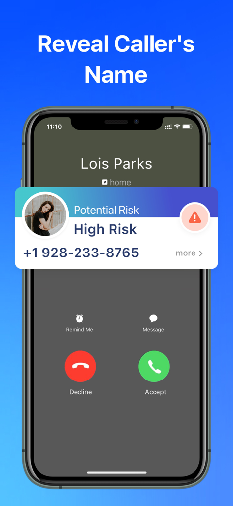 Caller ID:Reverse Phone Lookup - App interface showing name identification and high risk warning for incoming calls