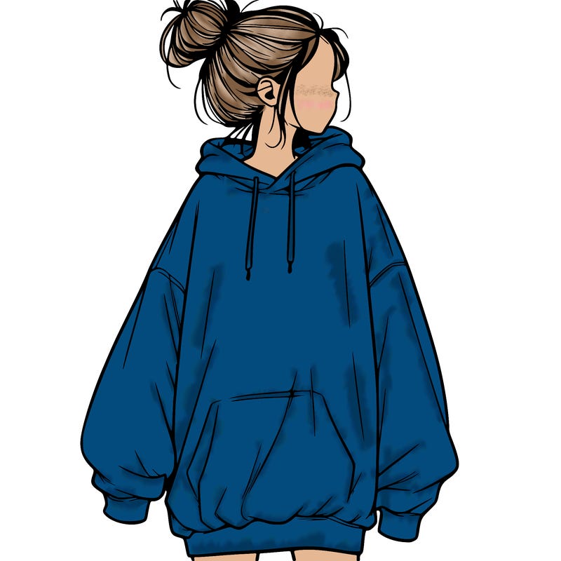 realistic girl with a oversized sweatshirt on and a bun