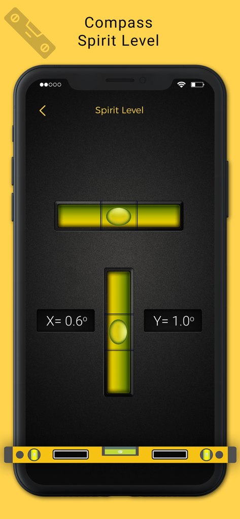 Interfaz de la función Nivel de Burbuja en la aplicación Brújula Digital en un iPhone, mostrando burbujas de nivel horizontales y verticales