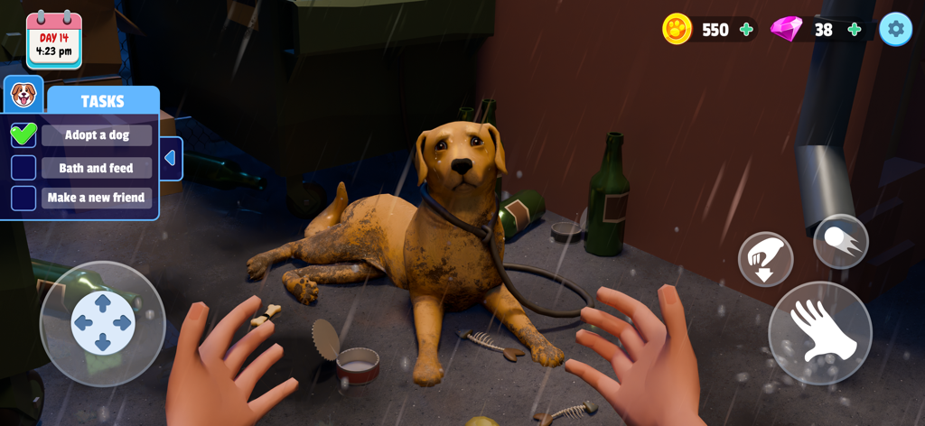 Dog Simulator: My Pets - First person view of rescuing a dirty golden dog in a rainy alley in Dog Simulator