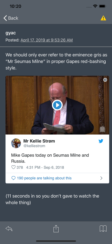 Zing Touch mobile app showing a forum discussion thread with an embedded tweet and video player