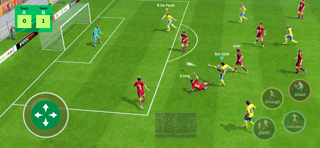 Football Pro Soccer+ - Uma tela de jogabilidade de partida de futebol com botões virtuais e um placar