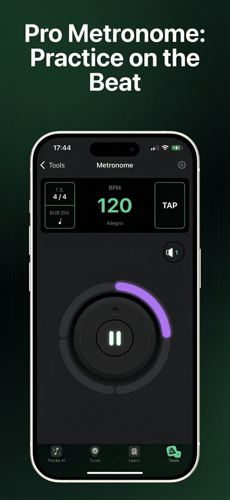 Una schermata dello smartphone che mostra la funzione Pro Metronome di Tuner Pro con un'impostazione di 120 BPM e un tempo di 4 4