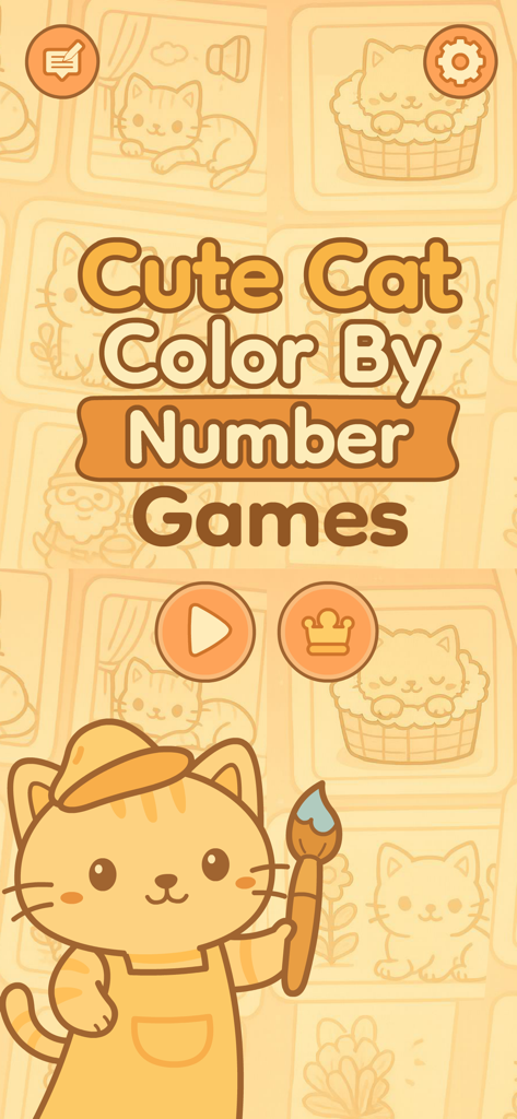 Startbildschirm der Cozy Cat Malen-nach-Zahlen-App mit einer niedlichen Cartoon-Katze, die einen Pinsel hält