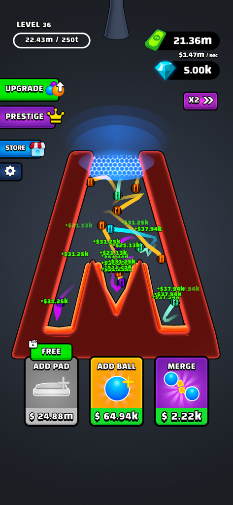 Captura de pantalla del juego Balls Bounce mostrando bolas de colores rebotando y fusionándose dentro de un contenedor en forma de M con botones de mejora en la parte inferior.