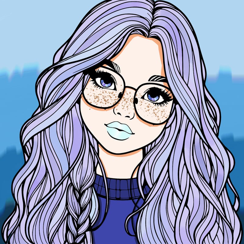 girl with long hair and freckles and glasses realistic