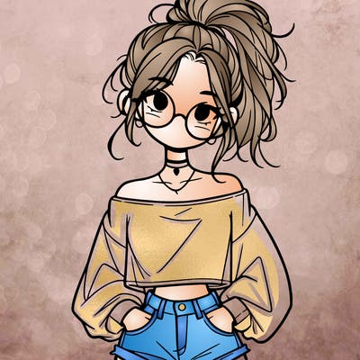 girl with a messy ponytail glasses a baggy crop top and jean shorts