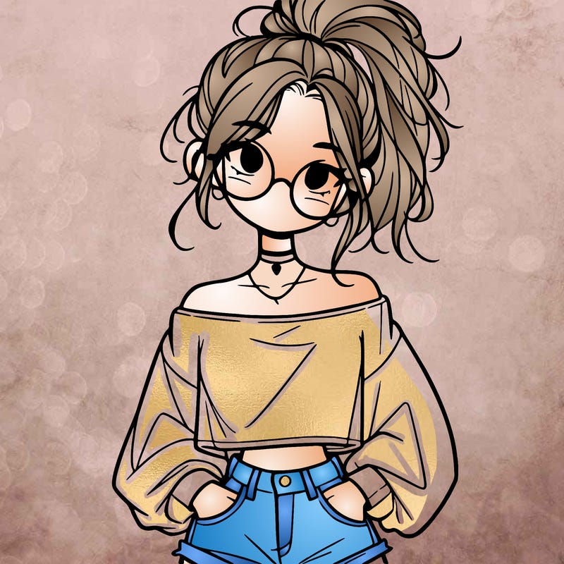 girl with a messy ponytail glasses a baggy crop top and jean shorts