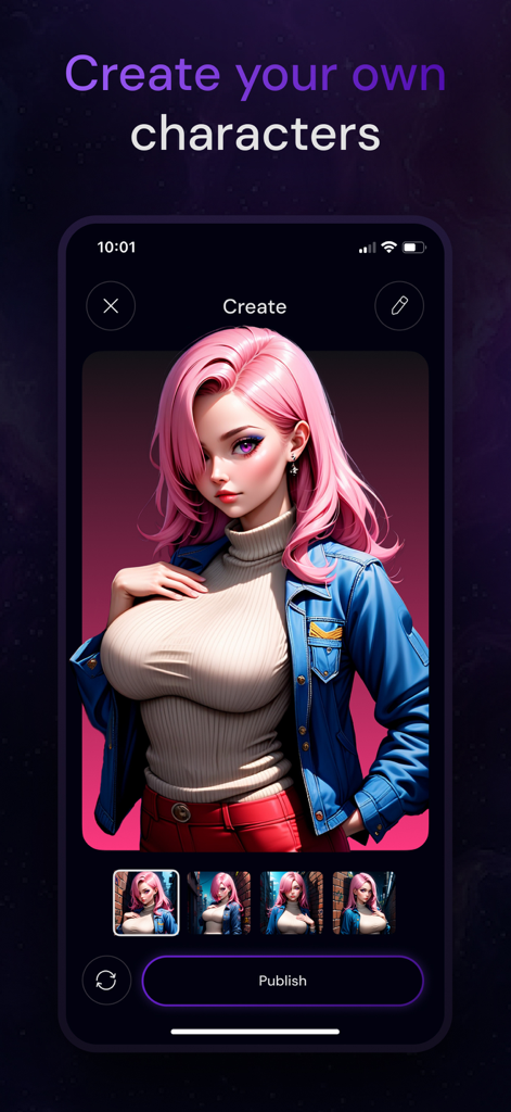 Fictional - Mobile interface of the Fictional app showing the creation process of a pink-haired anime character