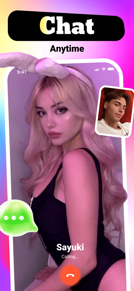 두 명의 젊은 사용자가 라이브 비디오를 통해 연결되는 Dress 앱의 영상 통화 인터페이스