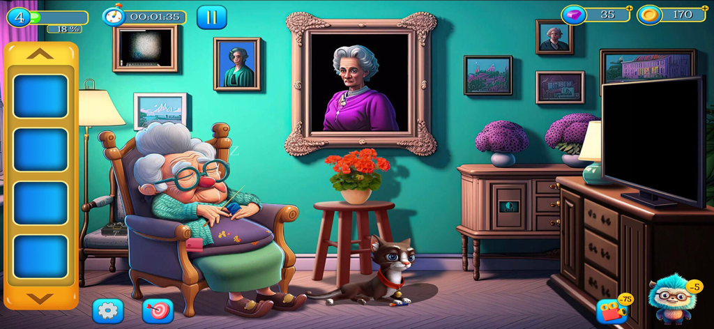 Escape Room: Allys Adventure - Uma cena colorida de sala de estar com uma idosa dormindo e um gato no jogo mobile Escape Room Allys Adventure