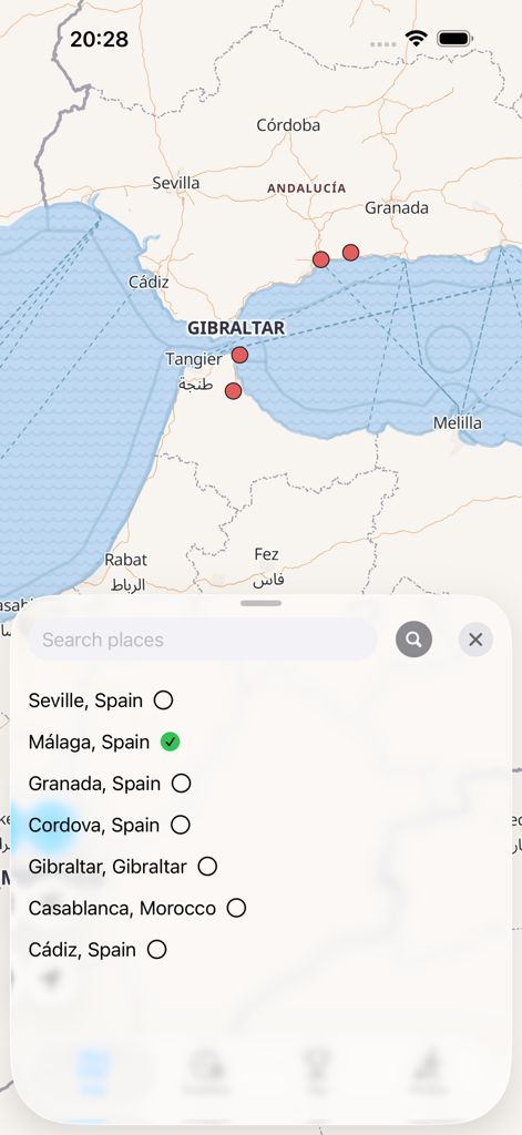 BeenEverywhere 앱의 지도 인터페이스로, 스페인과 모로코의 방문할 도시 목록이 표시되어 있습니다.