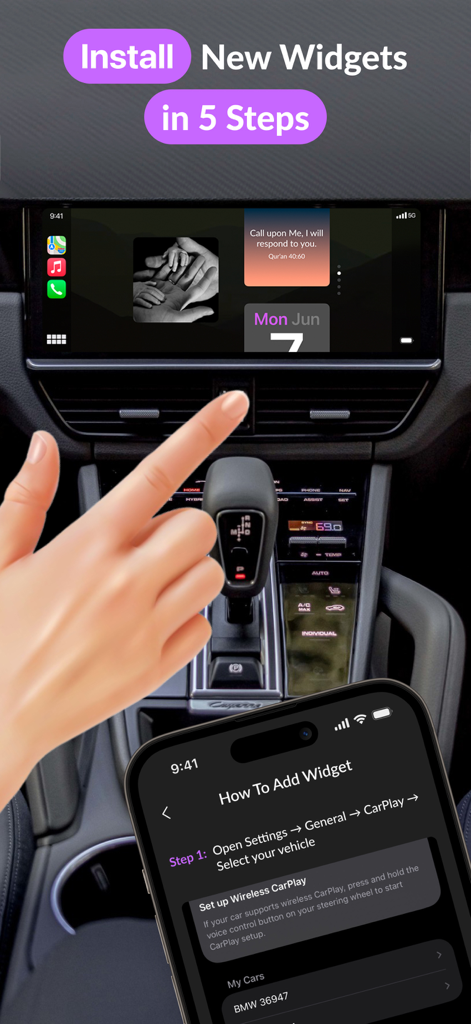 Car Widgets: Style Dashboard - Una pantalla de tutorial que muestra cómo instalar widgets personalizados en un salpicadero de Apple CarPlay