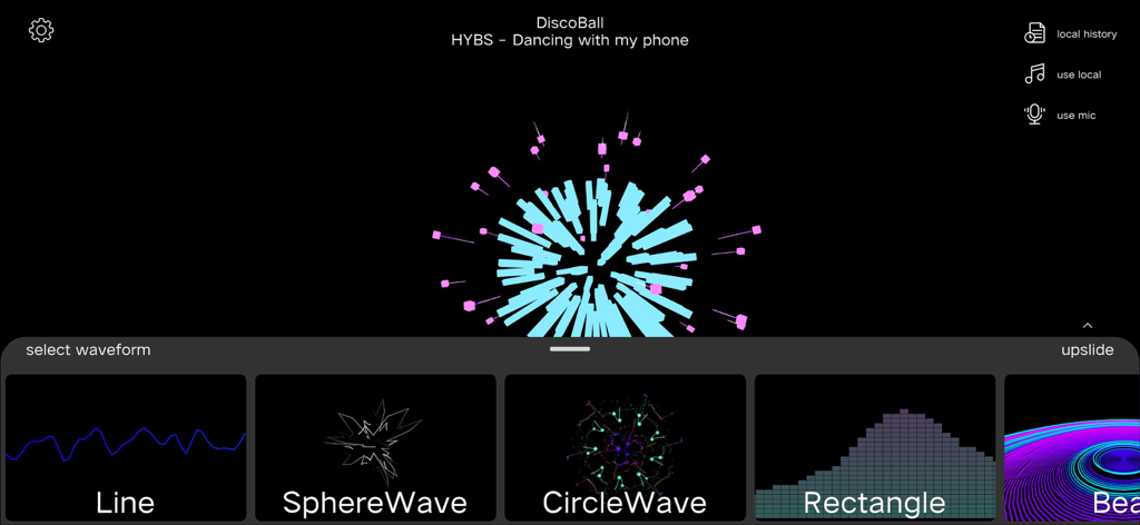 Interfaccia dell'app Audio Visualize che mostra varie opzioni di forme d'onda personalizzabili come SphereWave e CircleWave