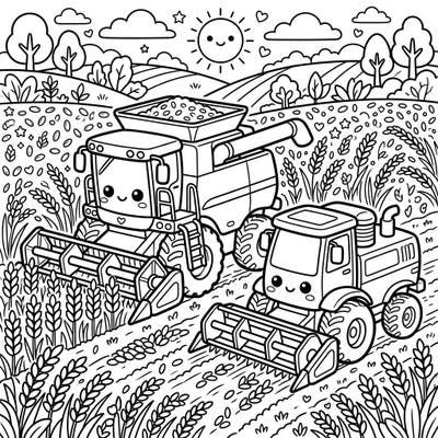 Get ready for an adorable farm adventure with our Kawaii Combine Harvesters coloring page, featuring two charming machines busy in a field of grain. This delightful scene brings the joy of agriculture to life with its cute characters and playful setting.