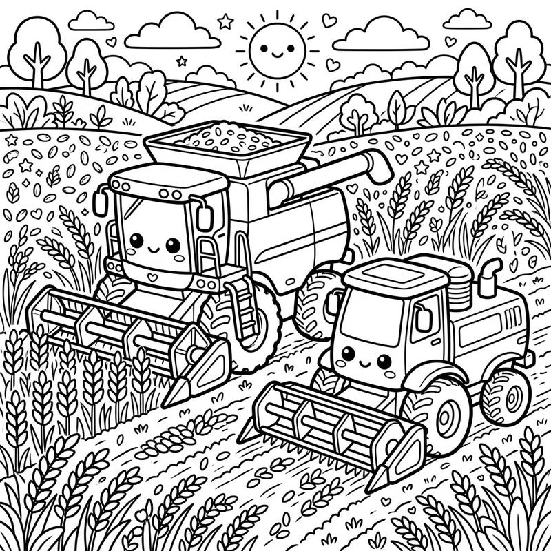 Get ready for an adorable farm adventure with our Kawaii Combine Harvesters coloring page, featuring two charming machines busy in a field of grain. This delightful scene brings the joy of agriculture to life with its cute characters and playful setting.