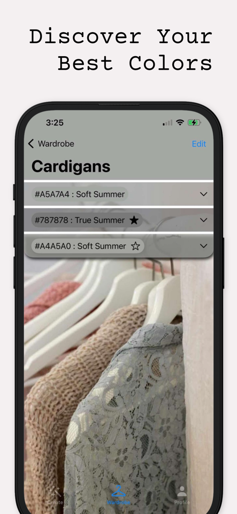 Hue IQ | Color Analysis - Hue IQアプリのワードローブセクションで、カーディガンのカラー分析を表示するスマートフォンの画面。