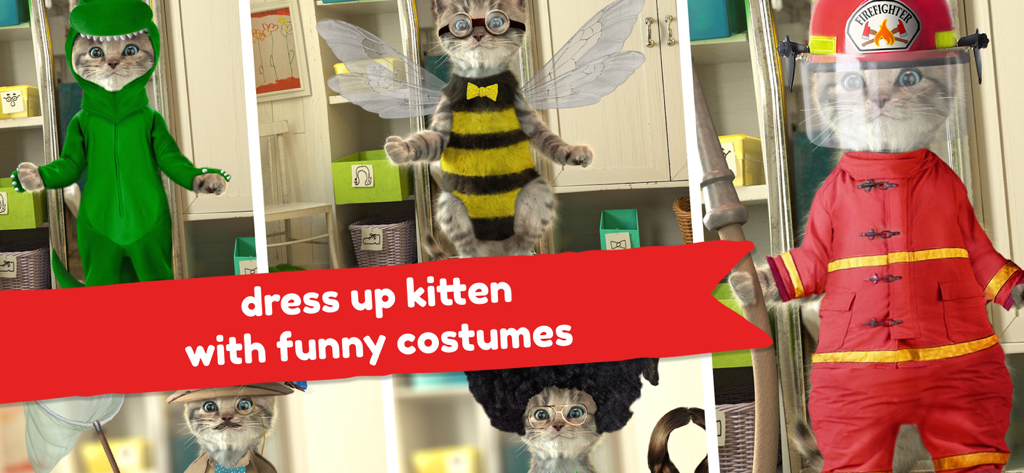 Little Kitten: Cat Adventures - A kitten character dressed in various funny costumes including a dinosaur, bee, and firefighter.