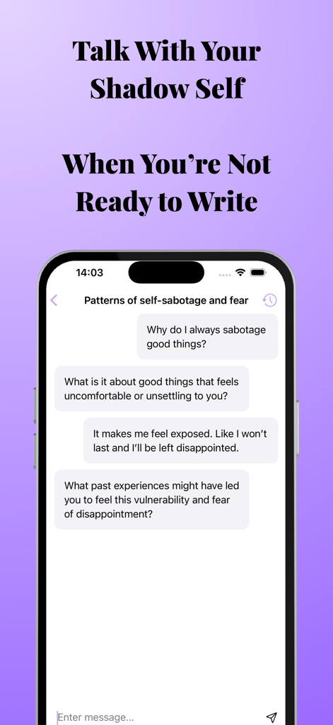 Shadow Work Journal - Shadow Work Journal app interface showing an AI chat about self sabotage patterns