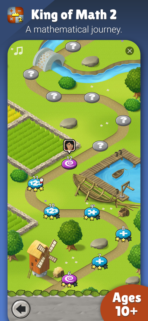King of Math+ - A gamified level selection map in King of Math 2 showing a winding path through a rural landscape for ages 10 and up.