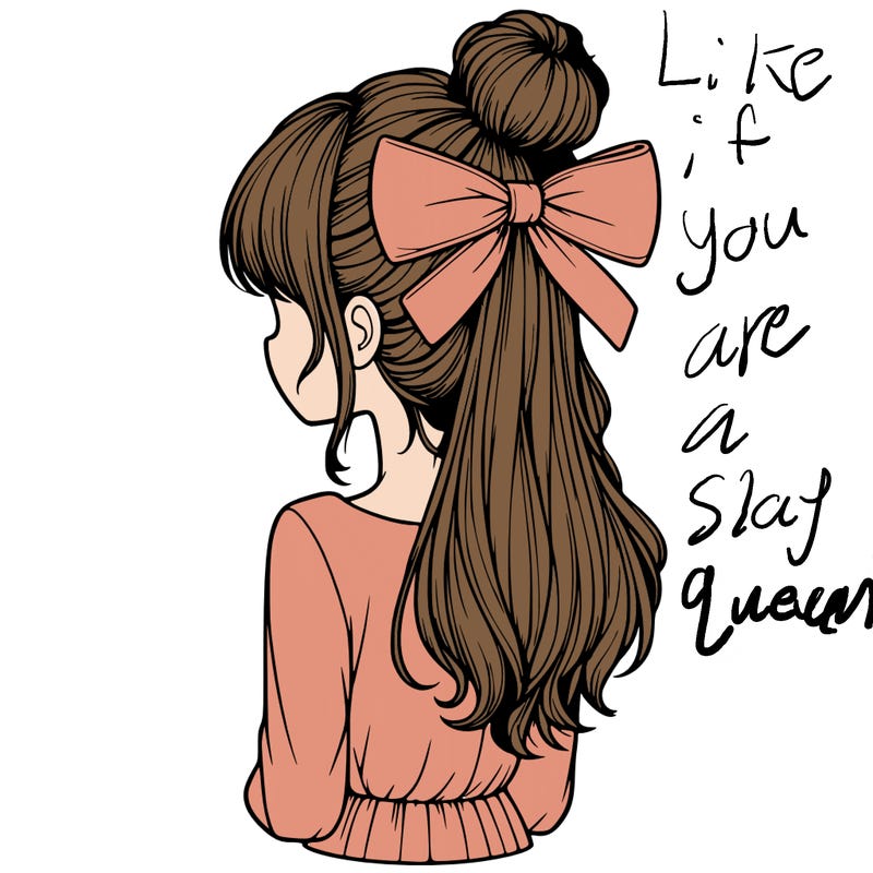 realistic girl  with hip length hair a bun and a big bow on the back of head