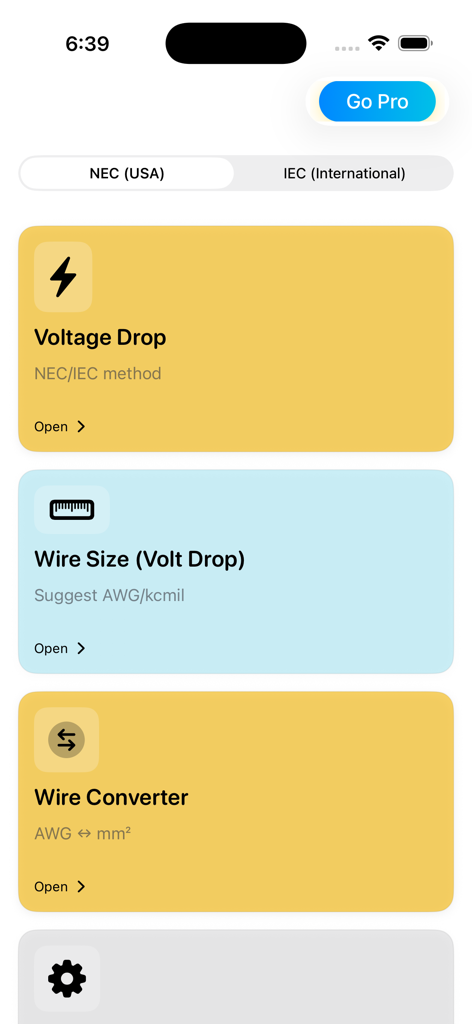 Voltage Drop Calculator. - Main menu of the Voltage Drop Calculator app showing NEC and IEC calculation options