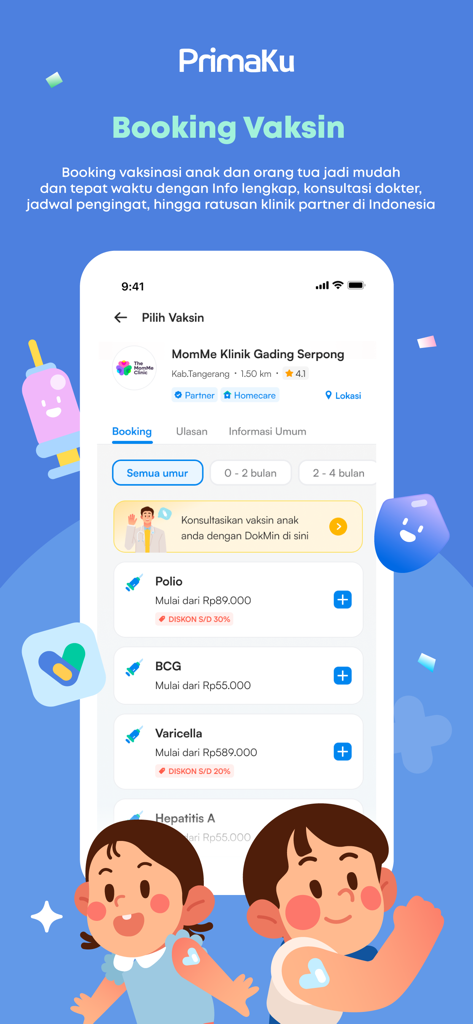 Schermata dell'app PrimaKu che mostra le opzioni di prenotazione vaccinale per bambini, inclusi Polio e BCG, presso una clinica medica.