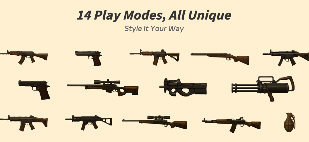 A collection of 14 virtual weapon icons including rifles, pistols, and a grenade from the BangBang app
