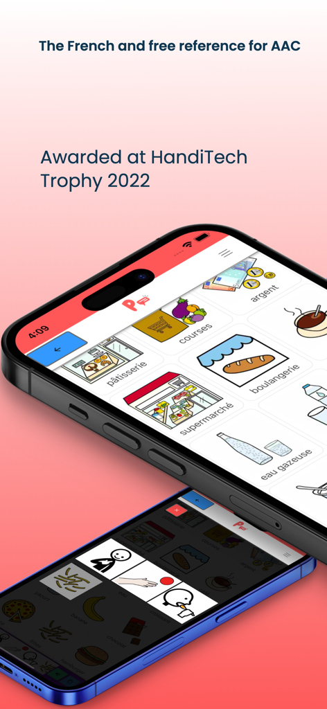 Pictalk AAC - Two smartphones showing the Pictalk AAC app interface with communication symbols and pictograms