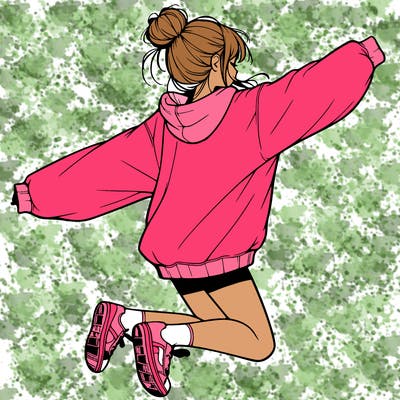 realistic girl jumping with a bun and oversized sweatshirt