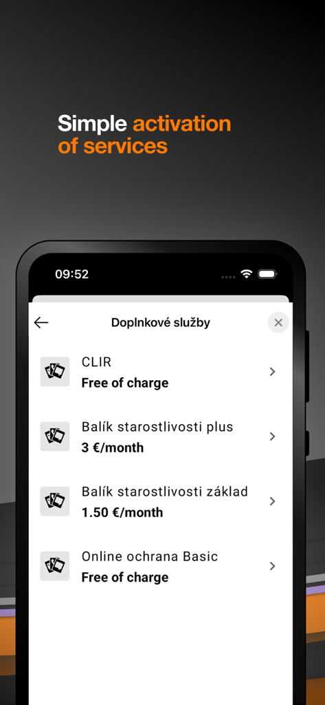 Moj Orange app screen showing a list of additional services for simple activation