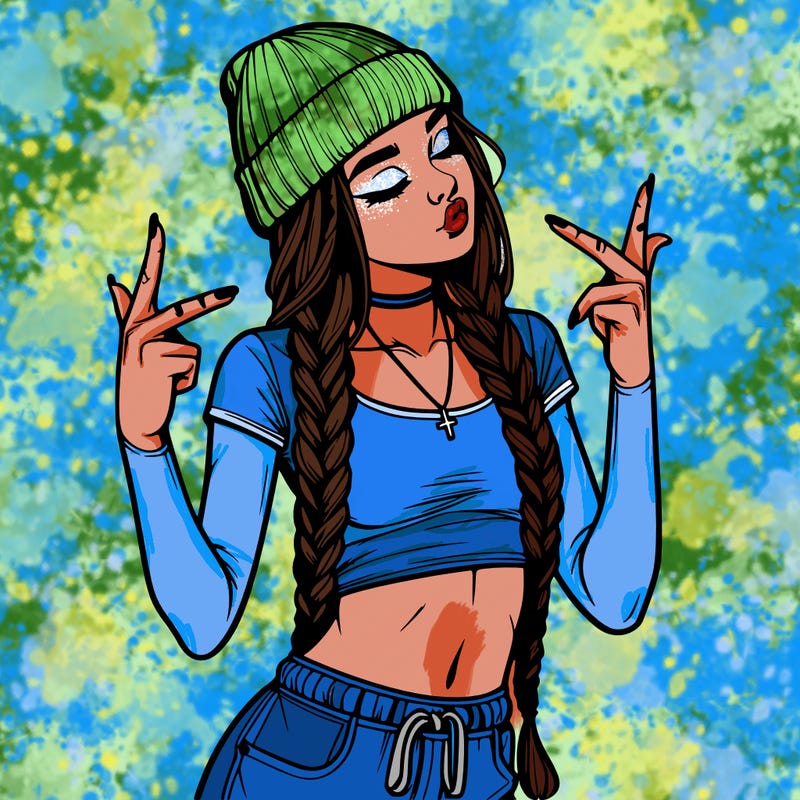 realistic teenage girl with braids and a beanie and crop top doing 🫶🏼