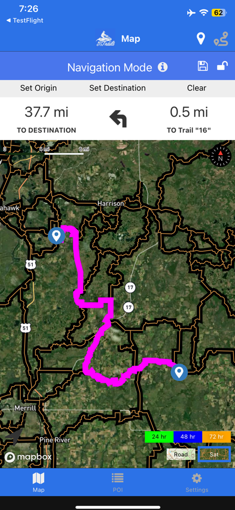Groomer Tracking Systems - Navigation screen of the GTS Trails app showing a planned snowmobile route and grooming status legend