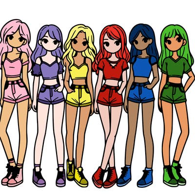 a group of girls wearing crop tops and shorts