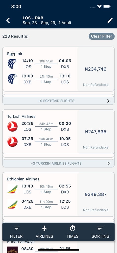 Wakanow Affiliates - Flight search results interface on the Wakanow Affiliates app showing different airline options and prices for a trip from Lagos to Dubai.