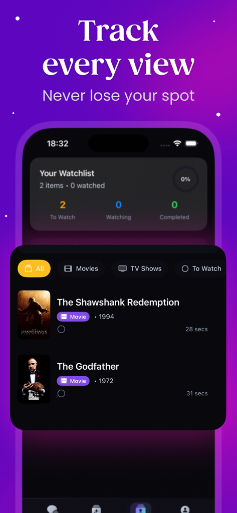 L'interface de l'application PipeCalc AI affichant une liste de surveillance avec des affiches de films et des statistiques de suivi comme les éléments à regarder et la progression.